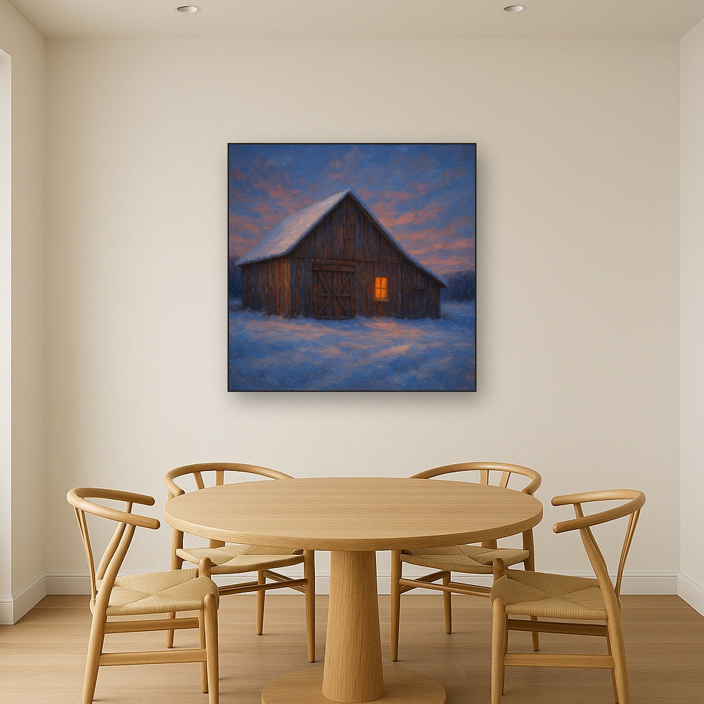 Rustic Wooden Barn in Quiet Winter Twilight No. 4 Fine Art Oil Painting - View 4