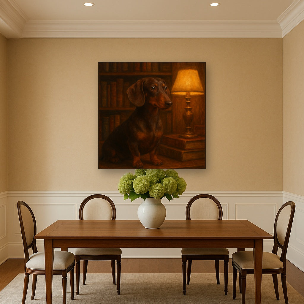 Smooth Dachshund in Moody Library Study No. 12 Fine Art Oil Painting - View 4