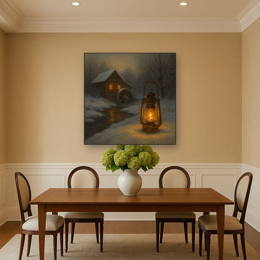 Snowy Mill Stream & Glowing Lantern Oil Painting - View 4