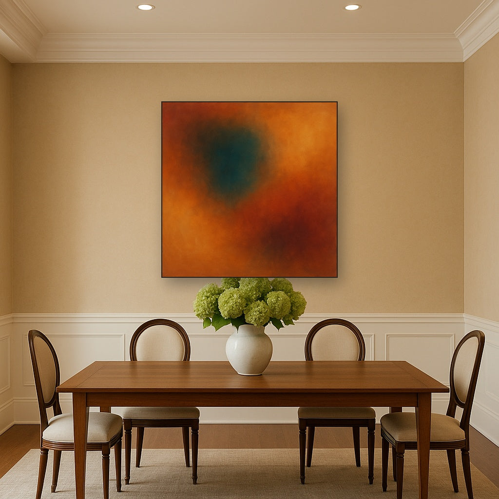 Deep Topaz & Spiced Terracotta Glow No. 3 Oil Painting Staged Above Dining Room Credenza, Elegant Hand Painted Oil Art for Dining Room Walls