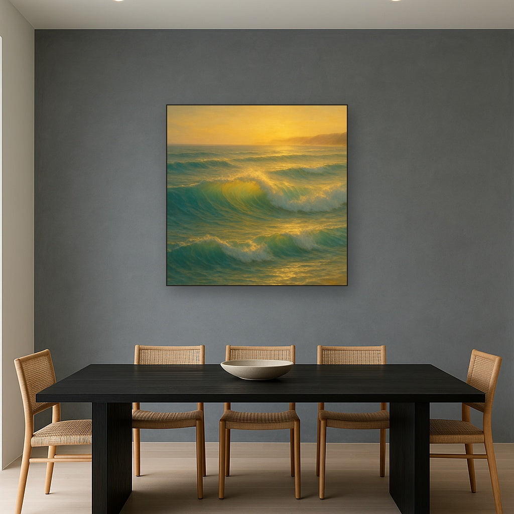 Golden Hour Sunlight on Ocean Swells No. 20 Oil Painting Staged Above Dining Room Credenza, Elegant Hand Painted Oil Art for Dining Room Walls