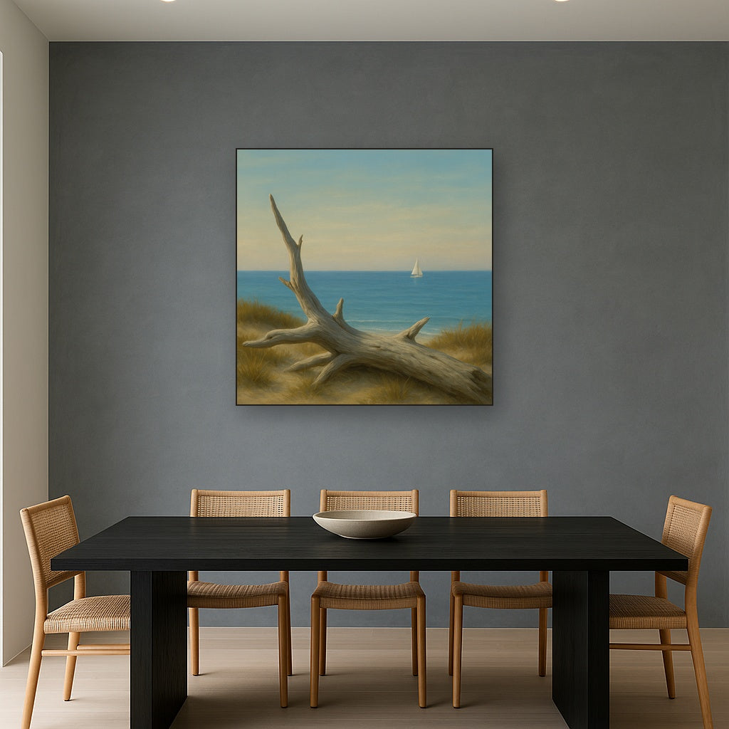 Sun-Bleached Driftwood & Distant Sailboat No. 3 Oil Painting Staged Above Dining Room Credenza, Elegant Hand Painted Oil Art for Dining Room Walls