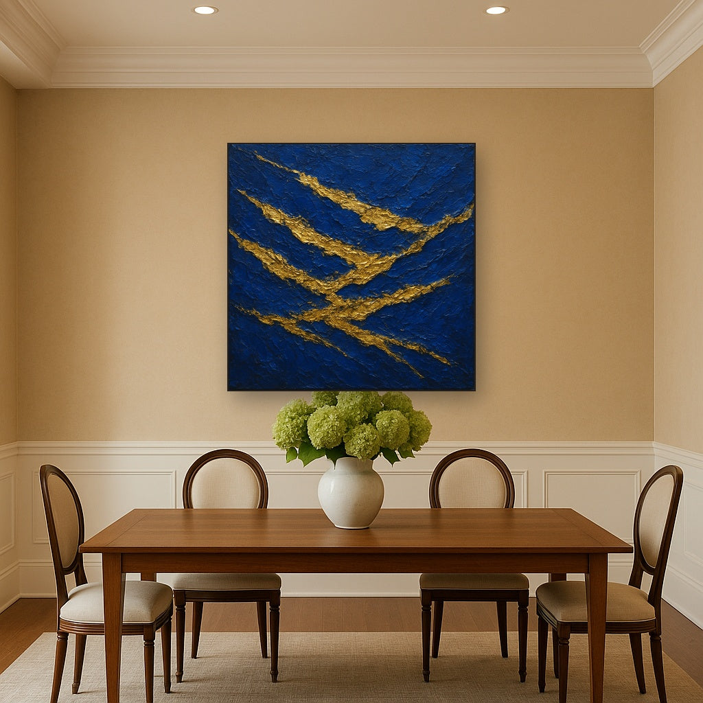 Imperial Sapphire & Gilded Strata Luxury Oil Painting - Styled in Elegant Dining Room