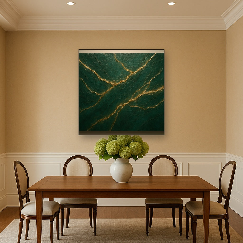 Emerald Veins & Liquid Gold Luxury Oil Painting - Styled in Elegant Dining Room