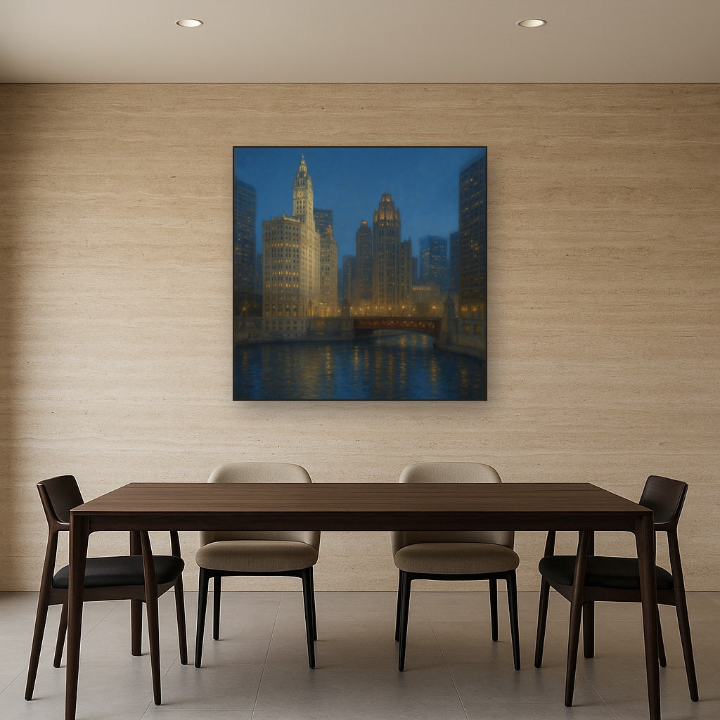 Chicago Riverfront Architecture at Blue Hour Oil Painting - View 4