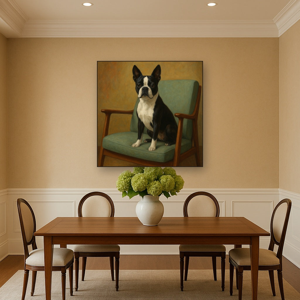 Boston Terrier in Warm Mid-Century Armchair No. 8 Fine Art Oil Painting - View 4
