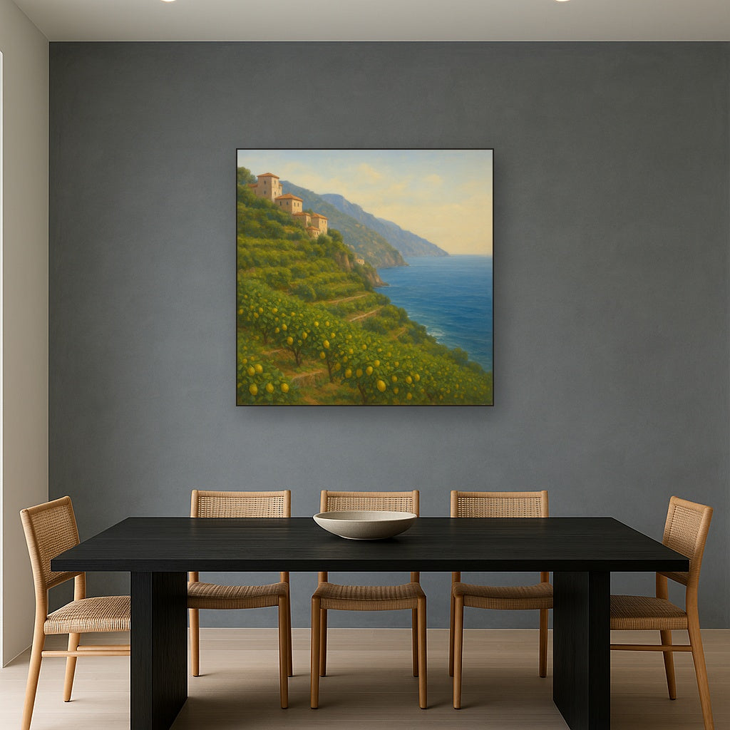 Italian Amalfi Coastline Terraces & Lemon Grove No. 9 Oil Painting Staged Above Dining Room Credenza, Elegant Hand Painted Oil Art for Dining Room Walls