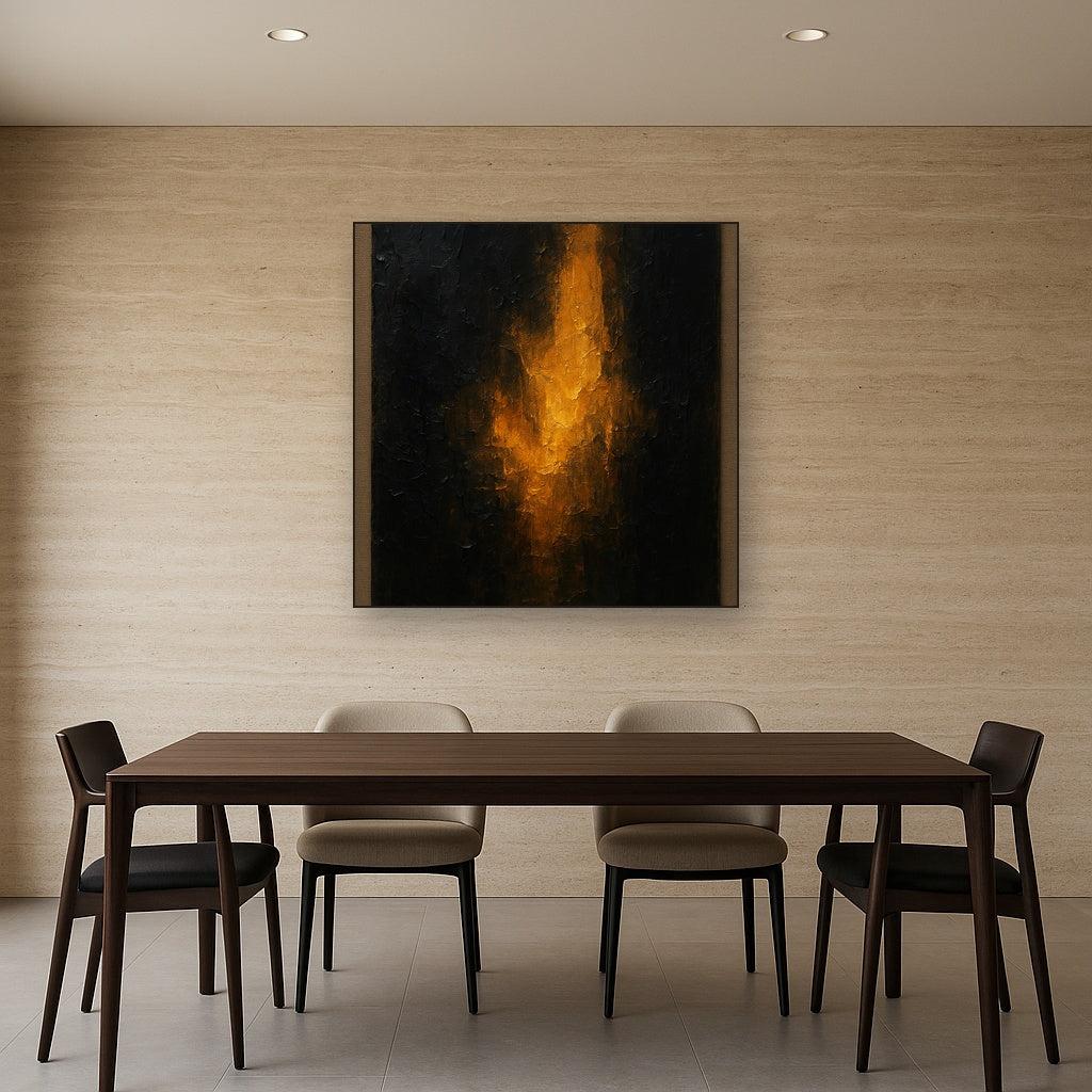 Amber & Obsidian Modern Abstract Oil Painting - Styled in Elegant Dining Room