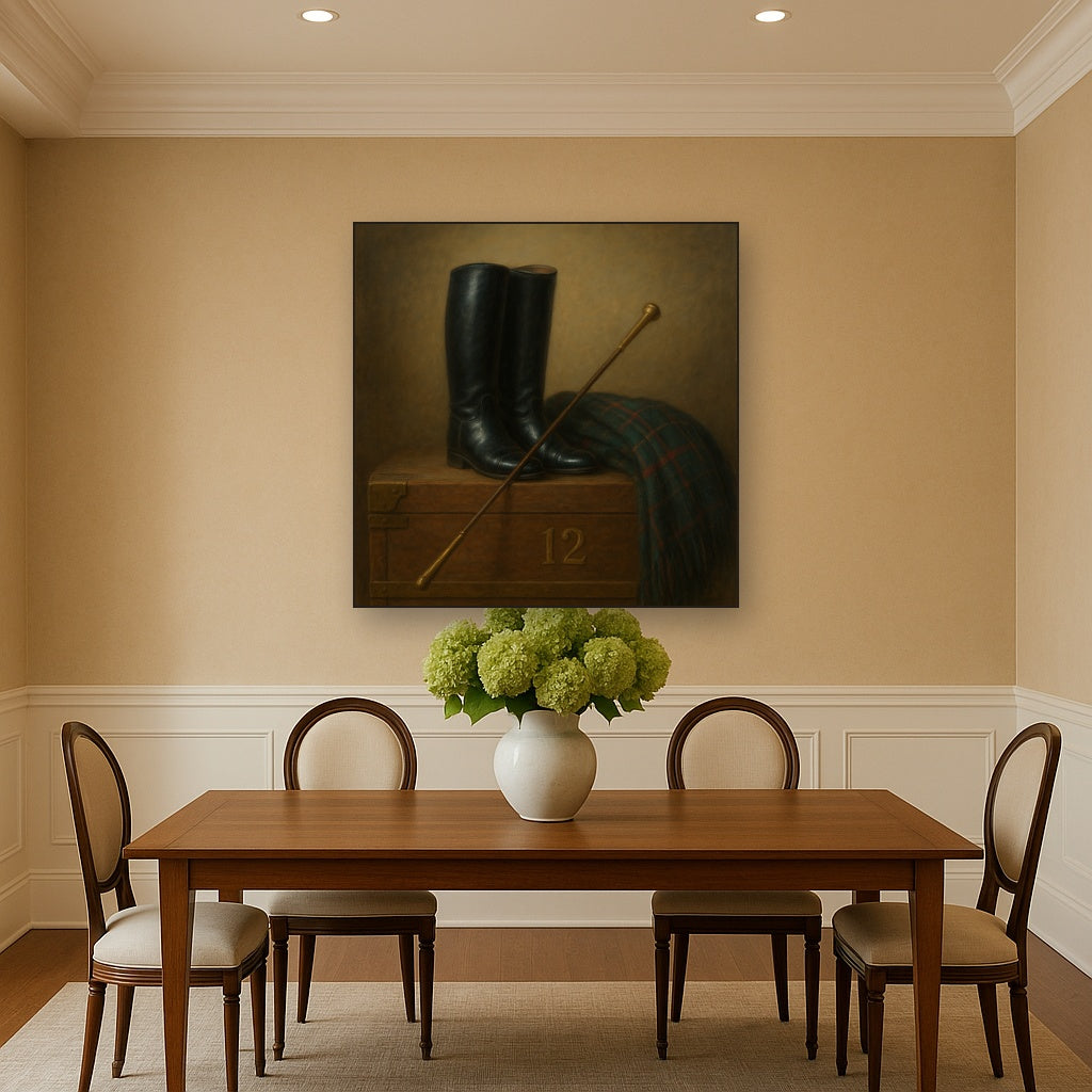 Vintage Riding Boots & Brass Crop on Trunk No. 12 Oil Painting Staged Above Dining Room Credenza, Elegant Hand Painted Oil Art for Dining Room Walls