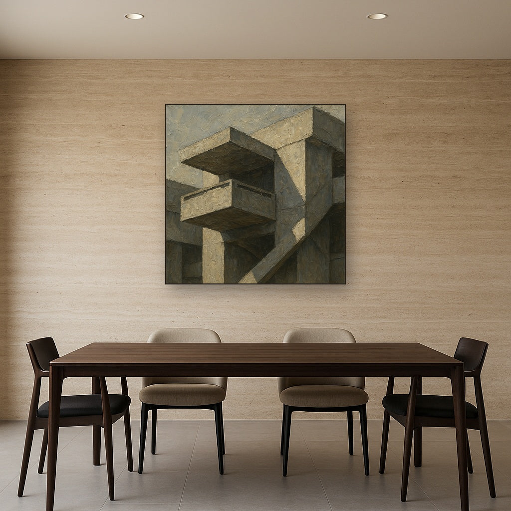 Brutalist Cantilevered Balcony Study No. 2 Oil Painting - Styled in Elegant Dining Room