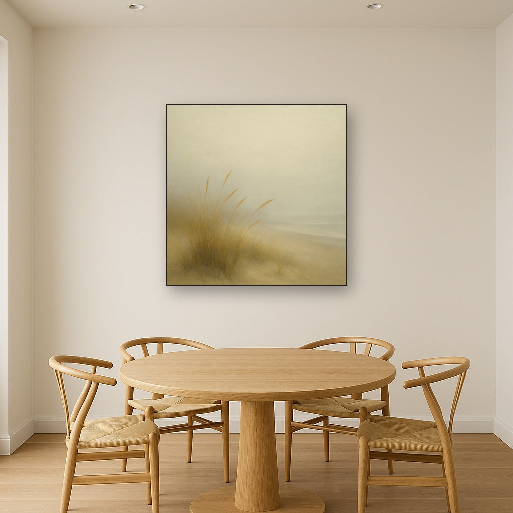 Silent Dune Grass in November Sea Fog No. 16 Oil Painting Staged Above Dining Room Credenza, Elegant Hand Painted Oil Art for Dining Room Walls