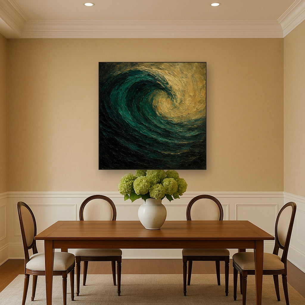 Deep Emerald & Obsidian Swell No. 4 Oil Painting - Styled in Elegant Dining Room