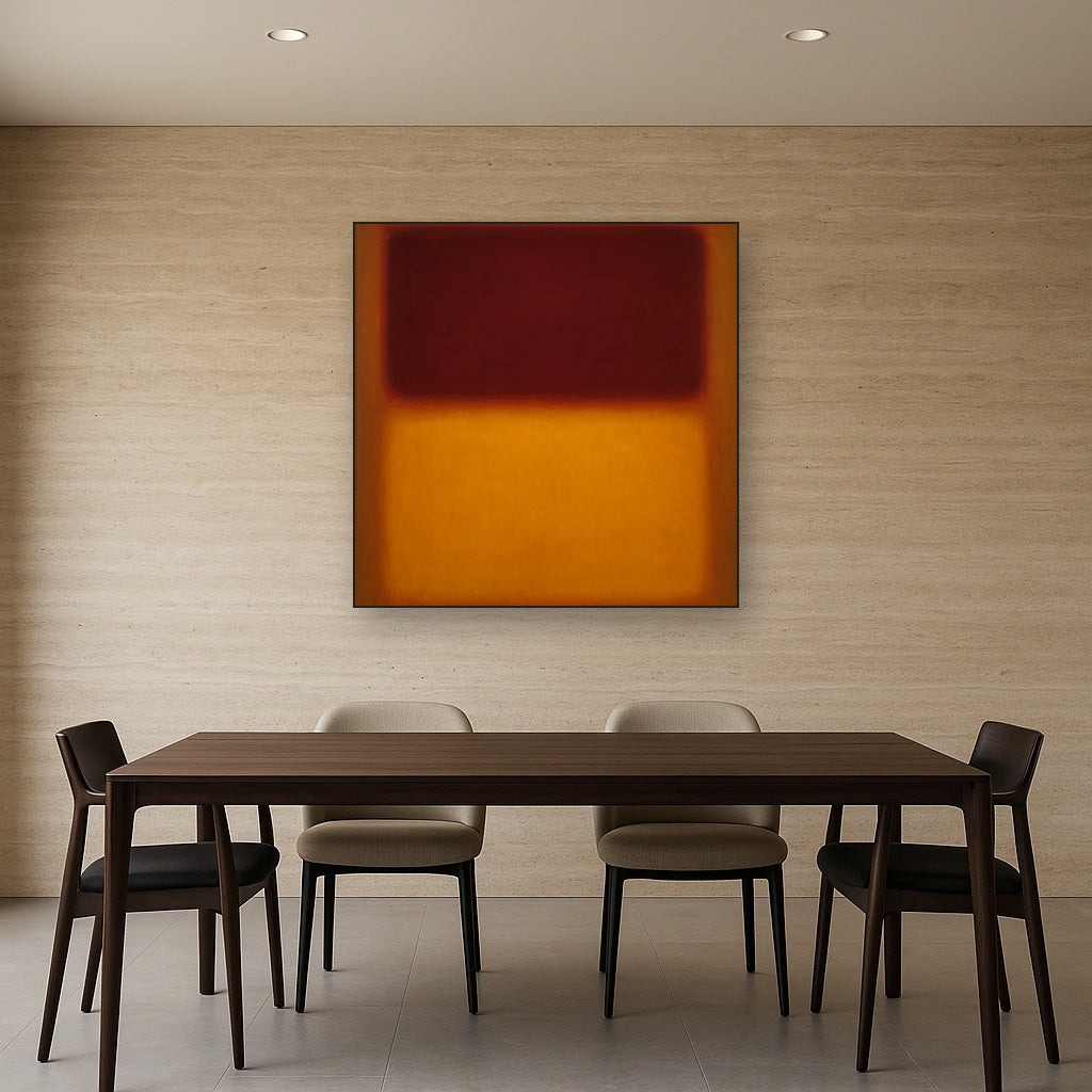 Crimson Burgundy & Saffron Gold Color Vibrations No. 16 Oil Painting Staged Above Dining Room Credenza, Elegant Hand Painted Oil Art for Dining Room Walls