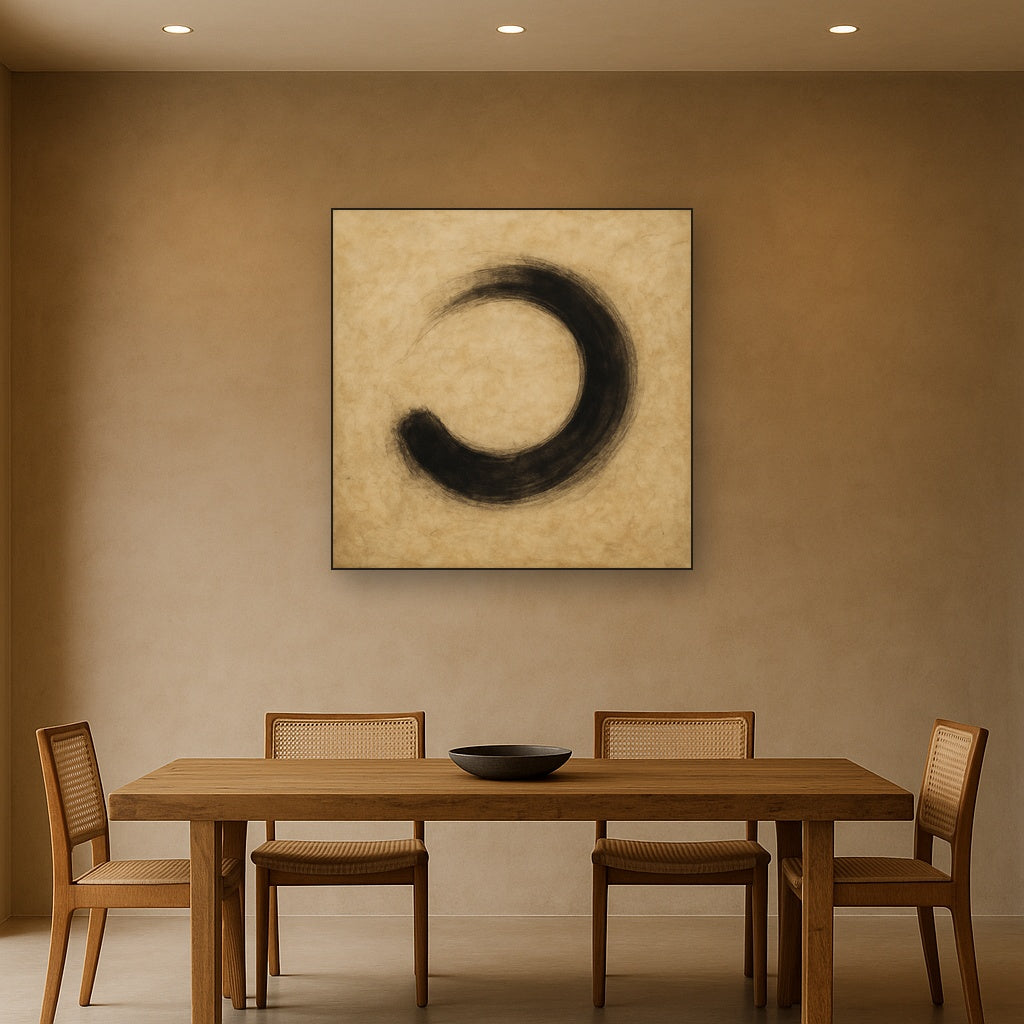 Aged Rice Paper & Charcoal Calligraphic Balance No. 24 Oil Painting Staged Above Dining Room Credenza, Elegant Hand Painted Oil Art for Dining Room Walls