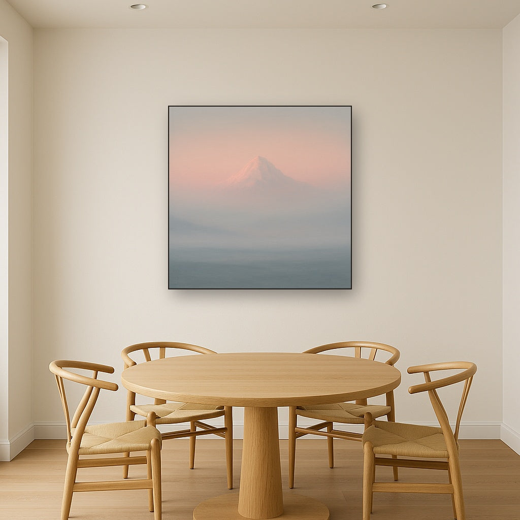Pale Alpenglow over Distant Glacial Peak No. 21 Oil Painting Staged Above Dining Room Credenza, Elegant Hand Painted Oil Art for Dining Room Walls