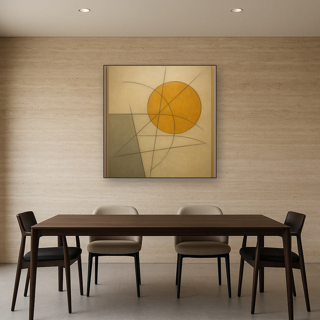 Abstract Tangent Lines & Earthy Ochre Disc No. 10 Oil Painting - View 4