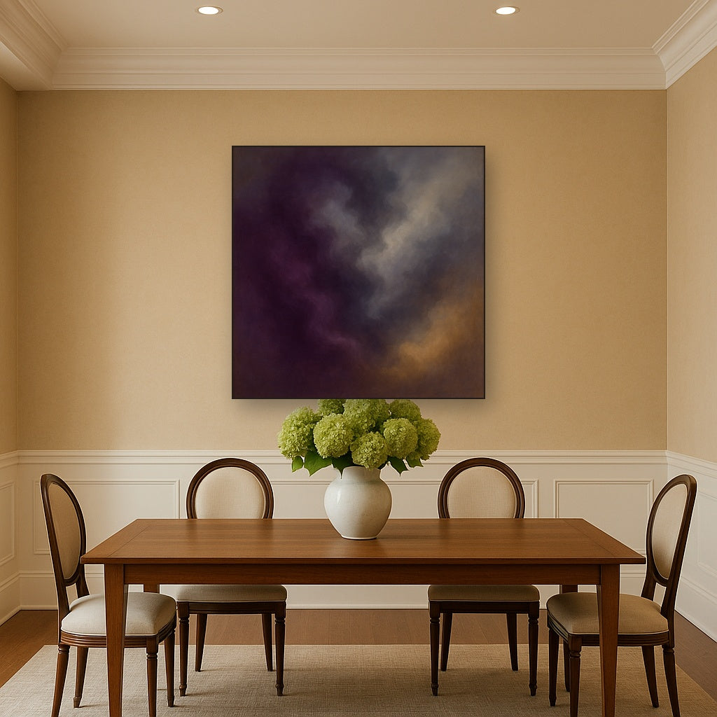 Gilded Plum & Soft Smoke Cloud Harmony No. 4 Oil Painting Staged Above Dining Room Credenza, Elegant Hand Painted Oil Art for Dining Room Walls