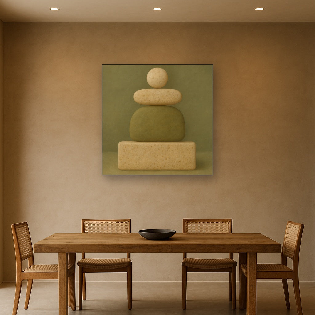 Muted Olive & Sandstone Geometric Balance No. 25 Oil Painting Staged Above Dining Room Credenza, Elegant Hand Painted Oil Art for Dining Room Walls