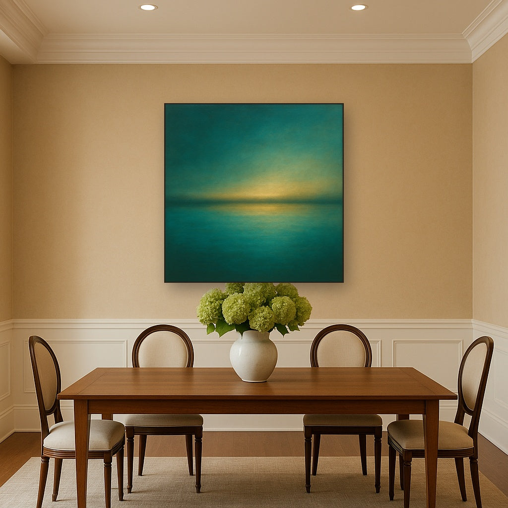 Peacock Teal & Champagne Gold Horizon No. 14 Oil Painting Staged Above Dining Room Credenza, Elegant Hand Painted Oil Art for Dining Room Walls