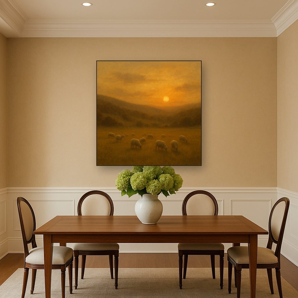 Sunset Grazing Flock in Golden Valley No. 3 Oil Painting - View 4