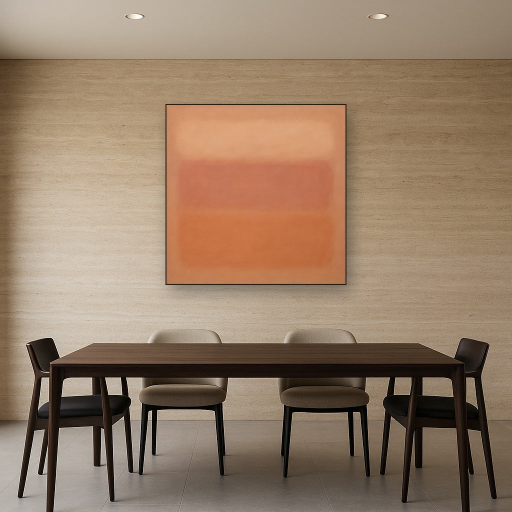 Blush Rose & Dusky Terracotta Ambient Glow No. 16 Oil Painting Staged Above Dining Room Credenza, Elegant Hand Painted Oil Art for Dining Room Walls