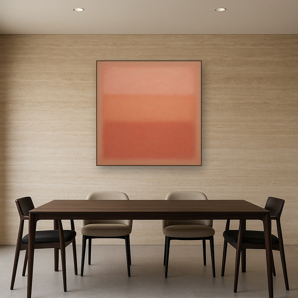 Blush Rose & Dusky Terracotta Ambient Glow No. 2 Oil Painting Staged Above Dining Room Credenza, Elegant Hand Painted Oil Art for Dining Room Walls