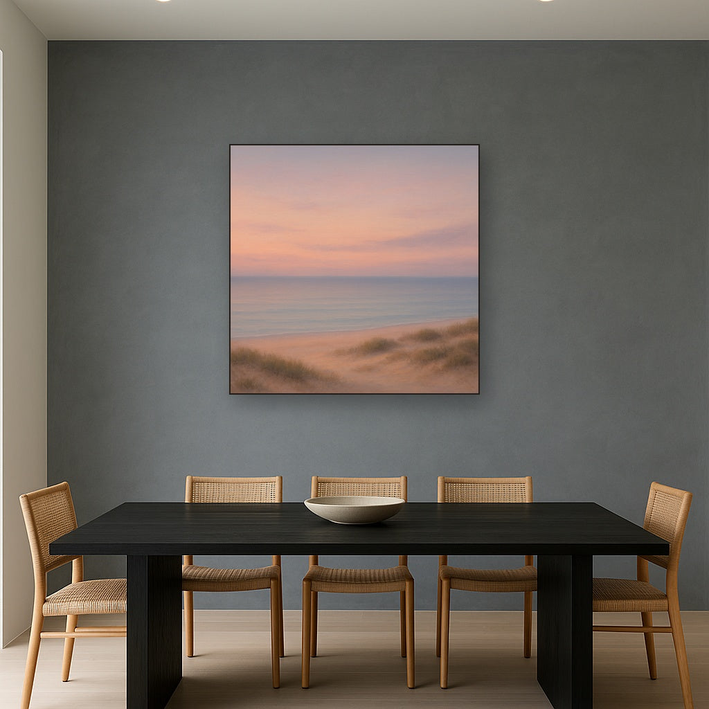Pastel Dusk Horizon over Calm Atlantic Waters No. 19 Oil Painting Staged Above Dining Room Credenza, Elegant Hand Painted Oil Art for Dining Room Walls