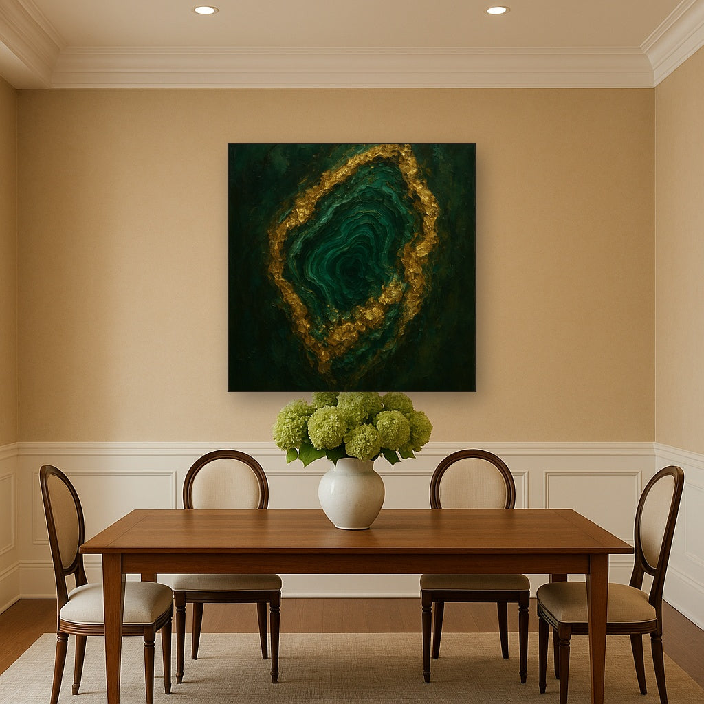 Forest Malachite & Gilded Geode No. 4 Oil Painting - Styled in Elegant Dining Room