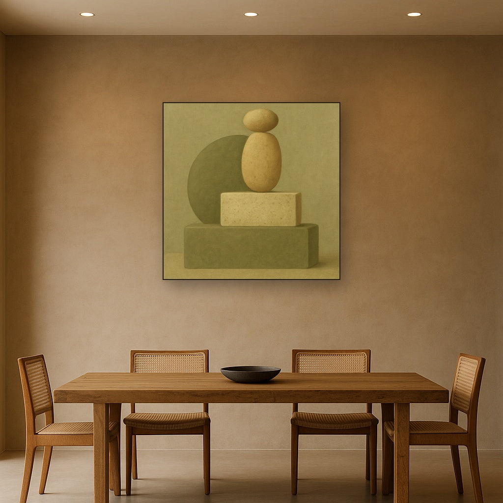 Muted Olive & Sandstone Geometric Balance No. 3 Oil Painting Staged Above Dining Room Credenza, Elegant Hand Painted Oil Art for Dining Room Walls
