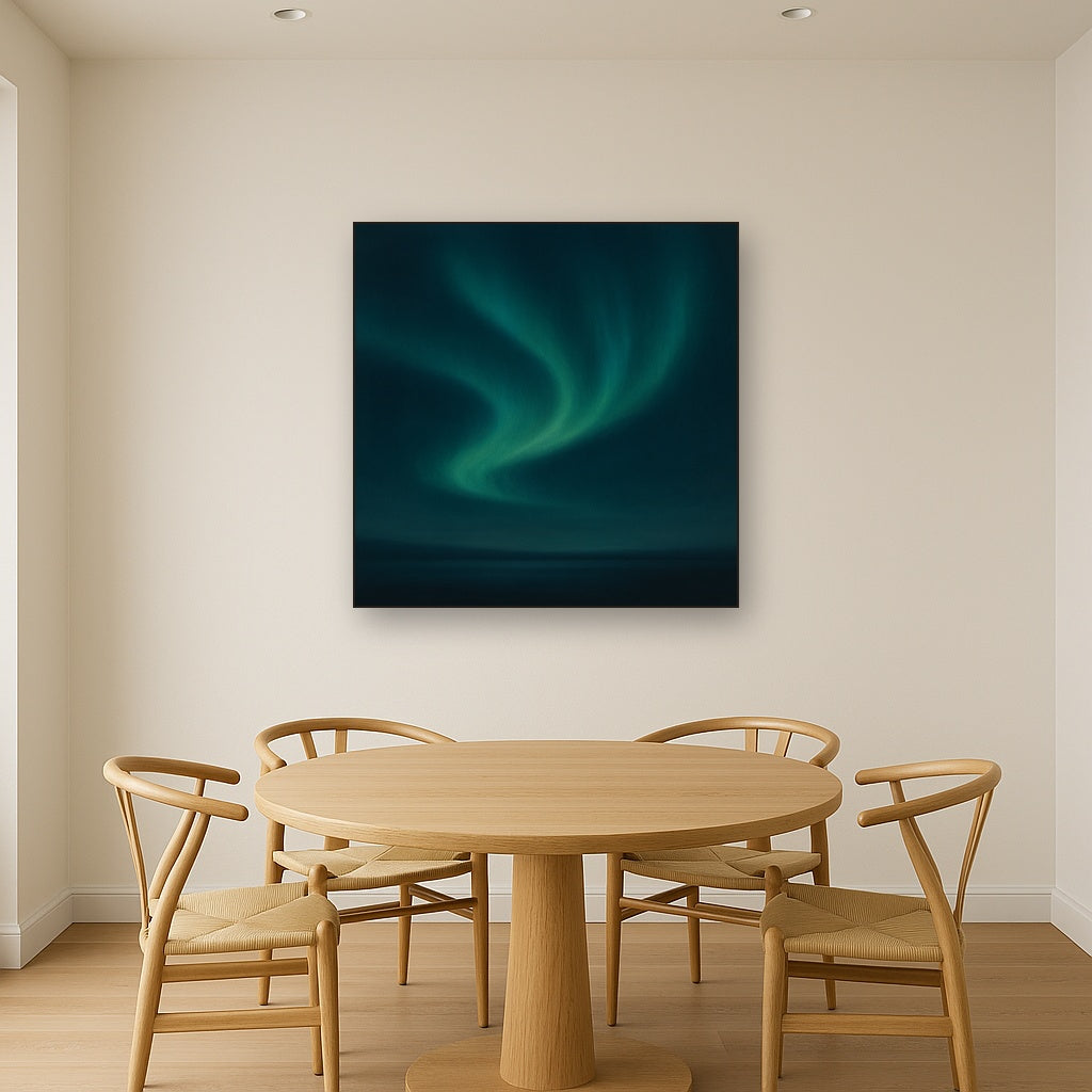 Aurora Borealis Veil in Deep Midnight Indigo No. 21 Oil Painting Staged Above Dining Room Credenza, Elegant Hand Painted Oil Art for Dining Room Walls