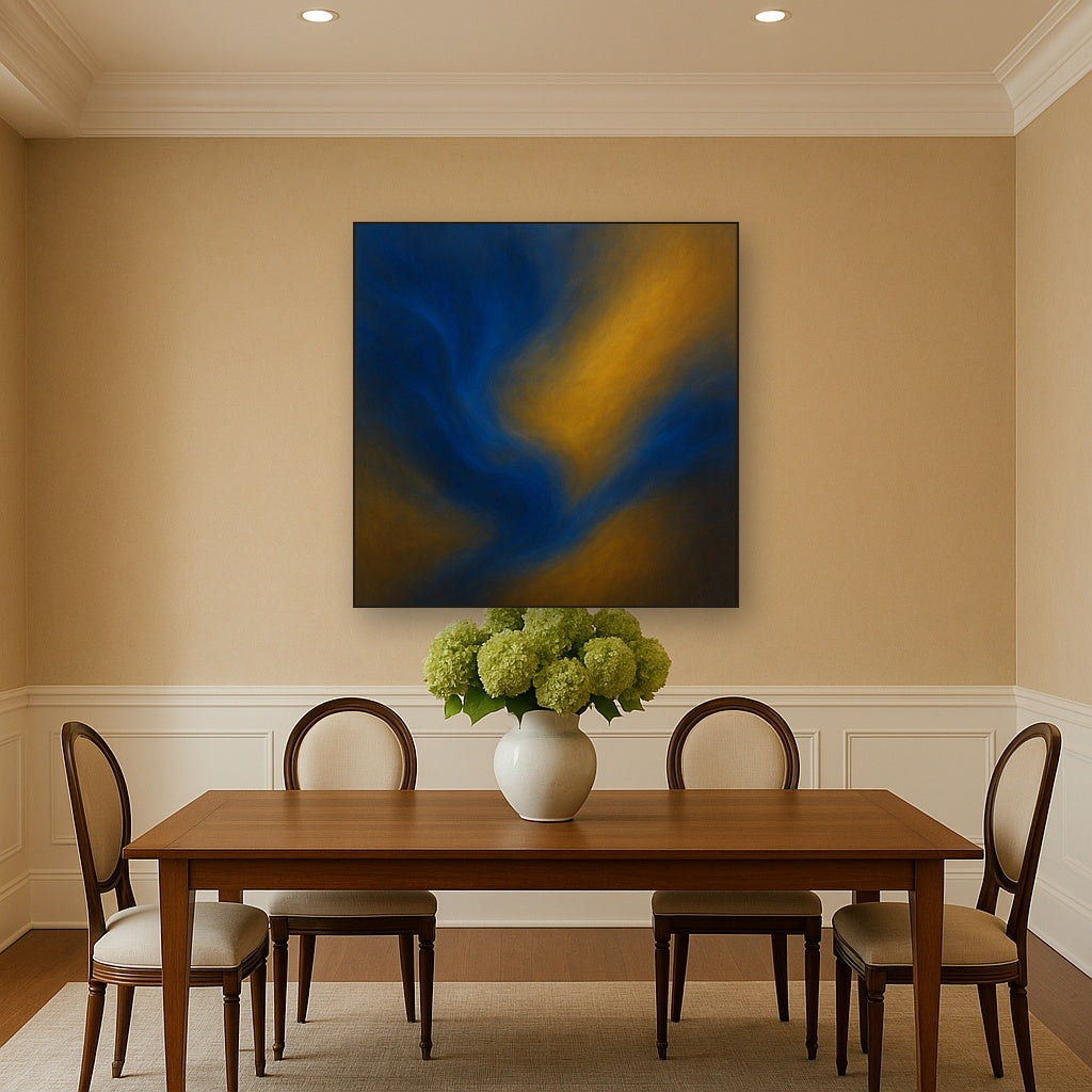Lapis Lazuli & Golden Ochre Luminous Field No. 18 Oil Painting Staged Above Dining Room Credenza, Elegant Hand Painted Oil Art for Dining Room Walls