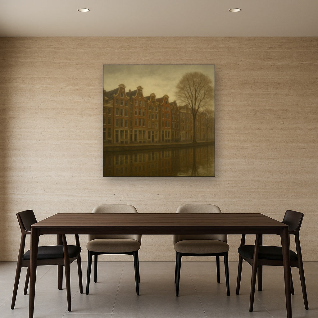 Amsterdam Canal Houses Under Overcast Sky No. 11 Oil Painting Staged Above Dining Room Credenza, Elegant Hand Painted Oil Art for Dining Room Walls