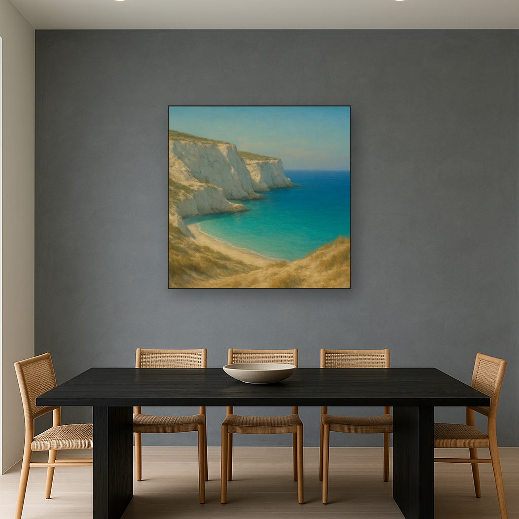 Mediterranean White Cliffs & Turquoise Cove No. 16 Oil Painting Staged Above Dining Room Credenza, Elegant Hand Painted Oil Art for Dining Room Walls