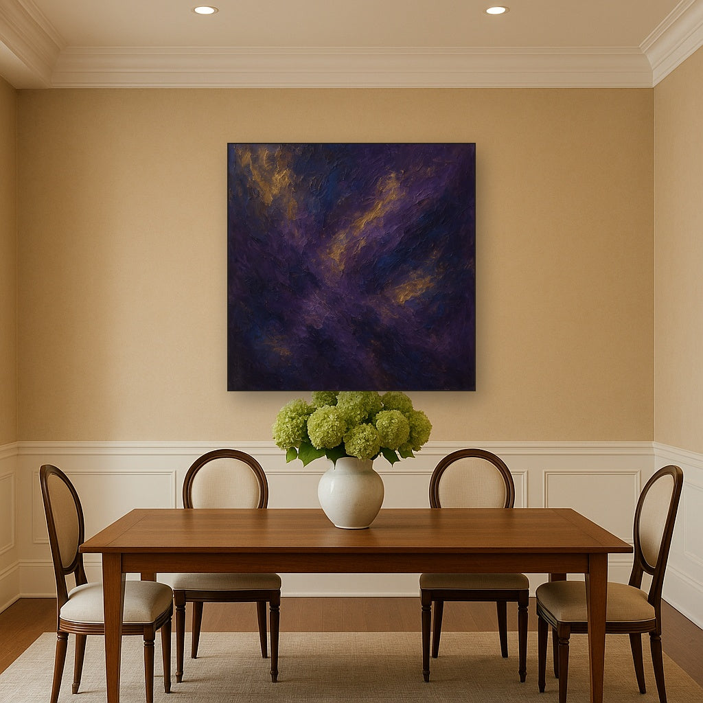 Amethyst Shadow & Celestial Gold No. 4 Oil Painting - Styled in Elegant Dining Room