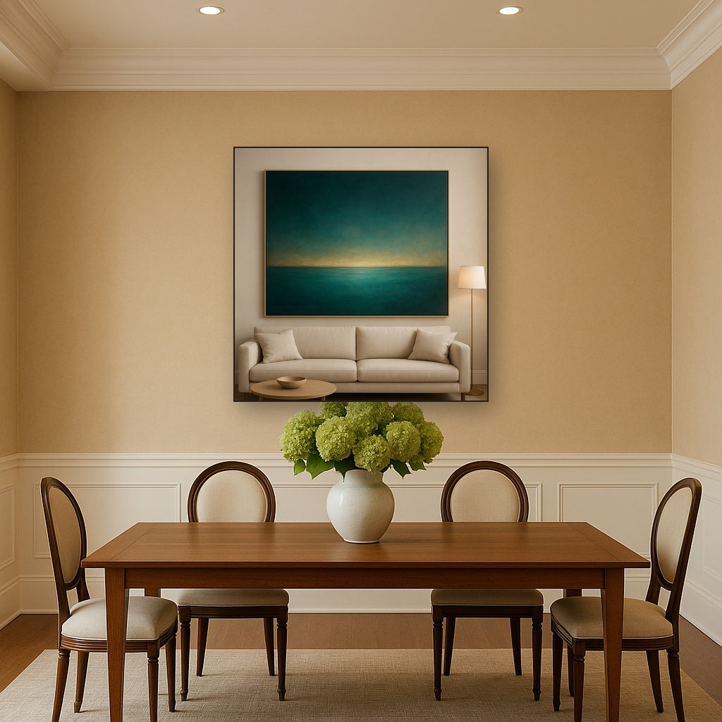 Peacock Teal & Champagne Gold Horizon No. 9 Oil Painting - View 4