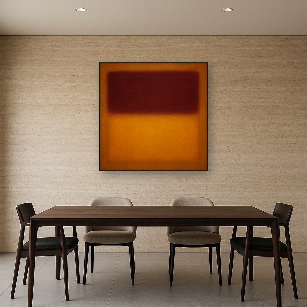 Crimson Burgundy & Saffron Gold Color Vibrations No. 3 Oil Painting Staged Above Dining Room Credenza, Elegant Hand Painted Oil Art for Dining Room Walls