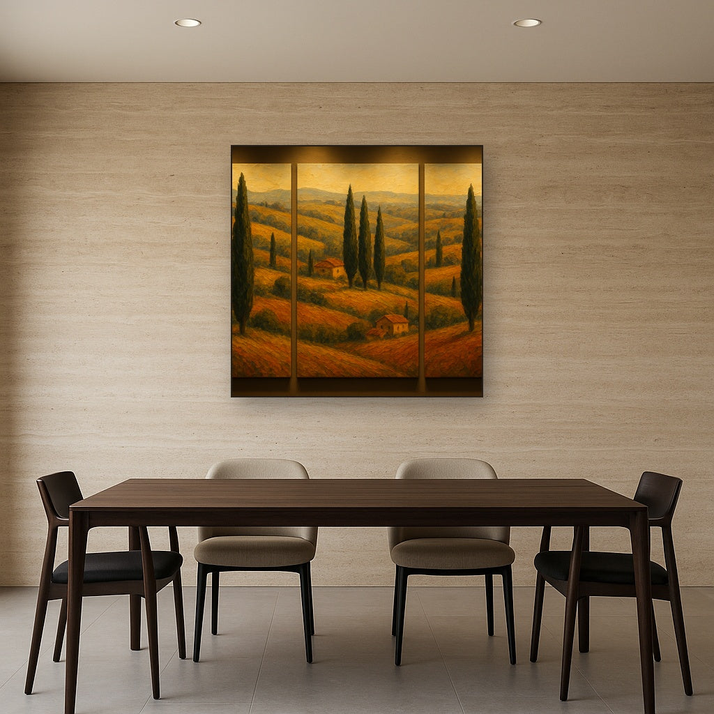 Tuscan Cypress Panorama Triptych Oil Painting - Styled in Elegant Dining Room