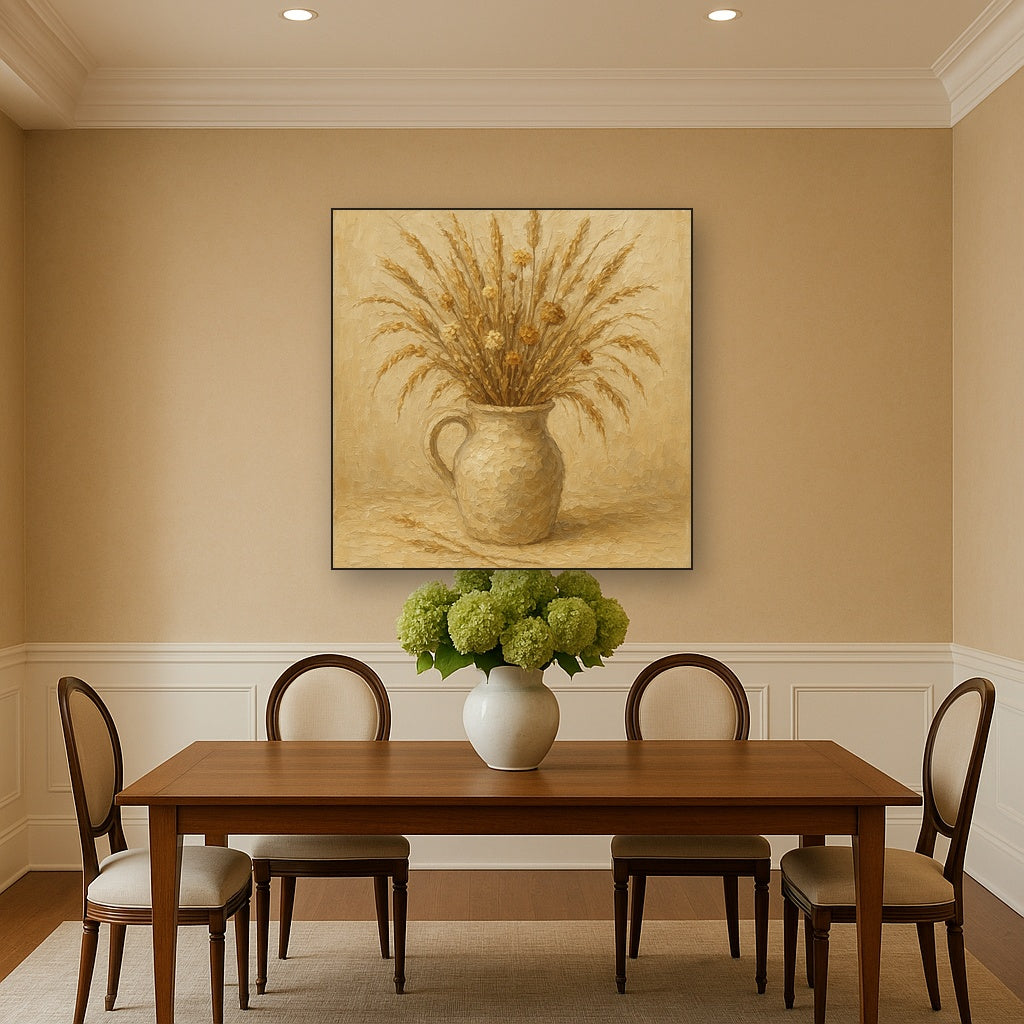 Wild Meadow Botanicals in Neutral Ceramic No. 4 Oil Painting - Styled in Elegant Dining Room
