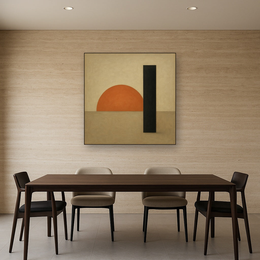 Semicircle Horizon & Minimalist Pillar No. 14 Oil Painting Staged Above Dining Room Credenza, Elegant Hand Painted Oil Art for Dining Room Walls