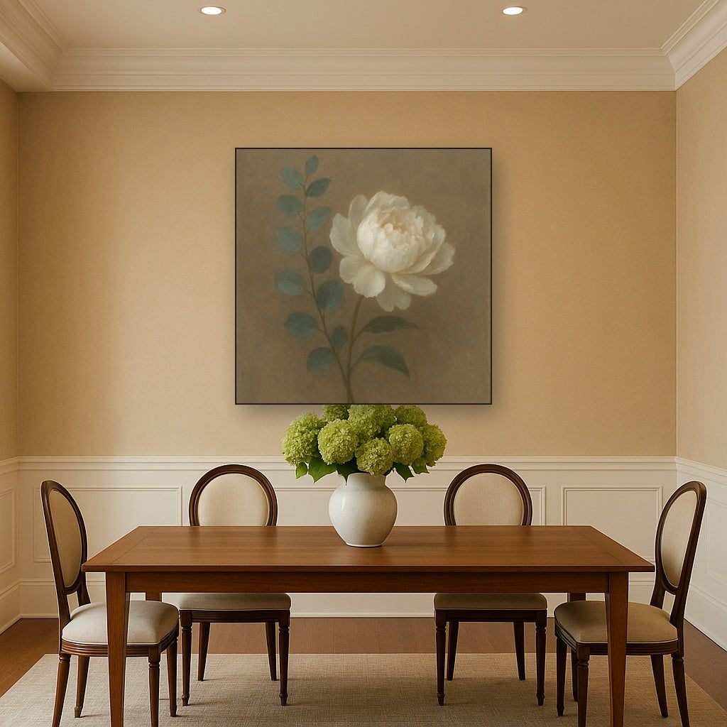 Eucalyptus & White Peony Minimalist Flora No. 10 Fine Art Oil Painting - View 4