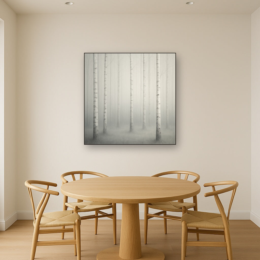 Pale Birch Woodland Silhouette in Whiteout No. 2 Oil Painting Staged Above Dining Room Credenza, Elegant Hand Painted Oil Art for Dining Room Walls
