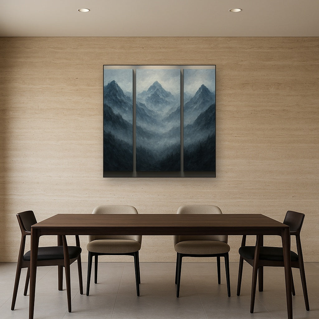Alpine Mist Triptych Masterpiece No. 3 Oil Painting - Styled in Elegant Dining Room