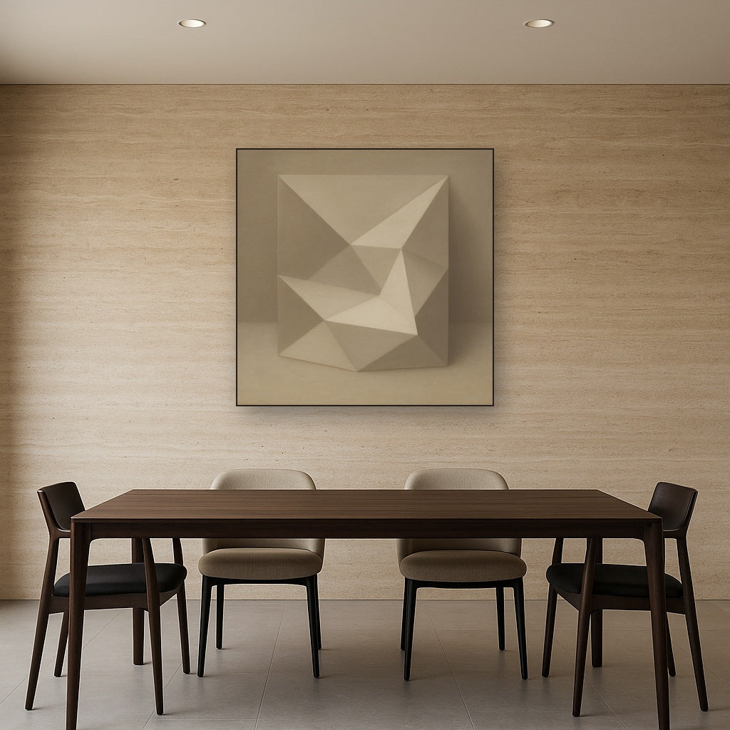 Folded Paper Geometry in Neutral Gradient Shadows No. 7 Oil Painting Staged Above Dining Room Credenza, Elegant Hand Painted Oil Art for Dining Room Walls