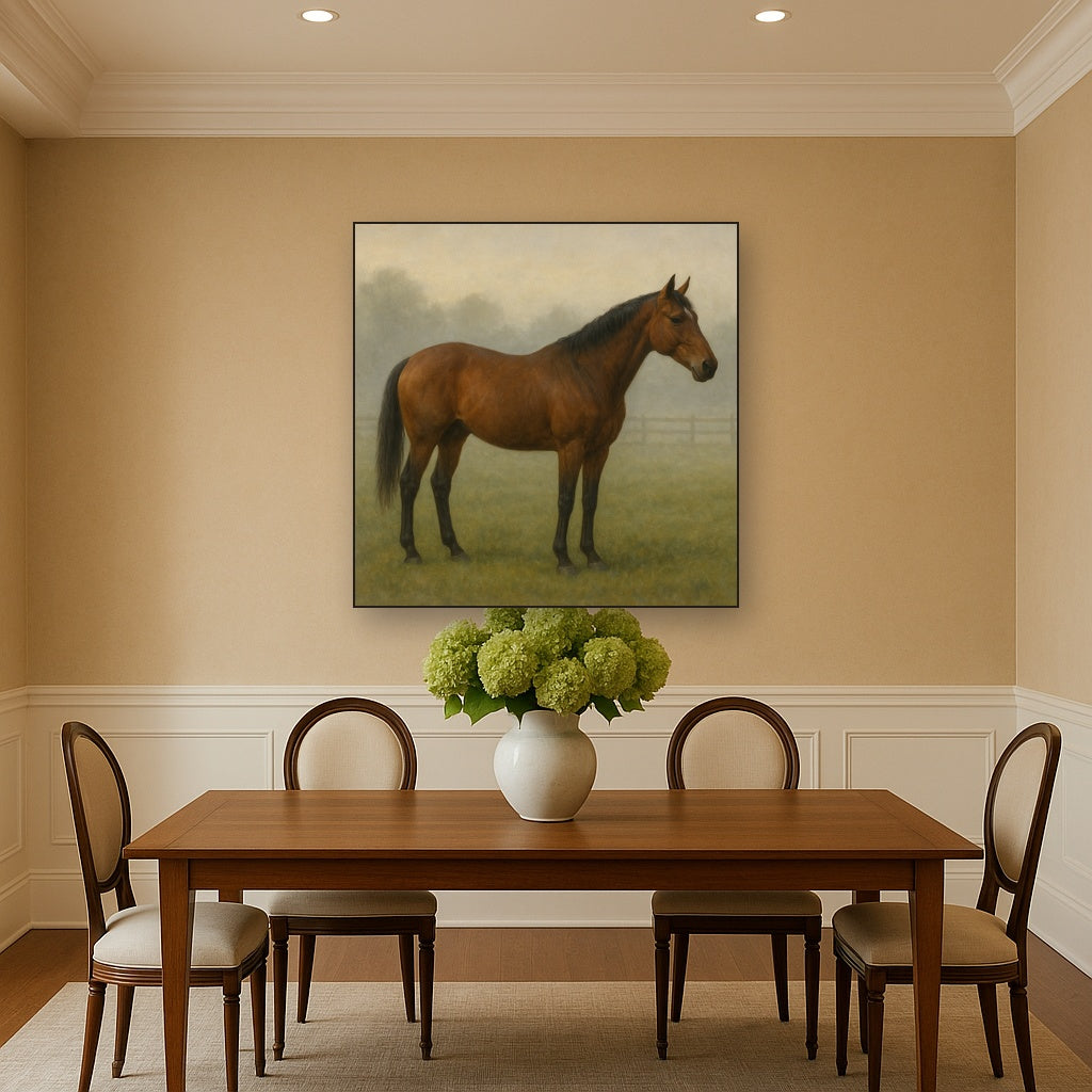 Thoroughbred in Morning Pasture Mist No. 15 Oil Painting - View 4