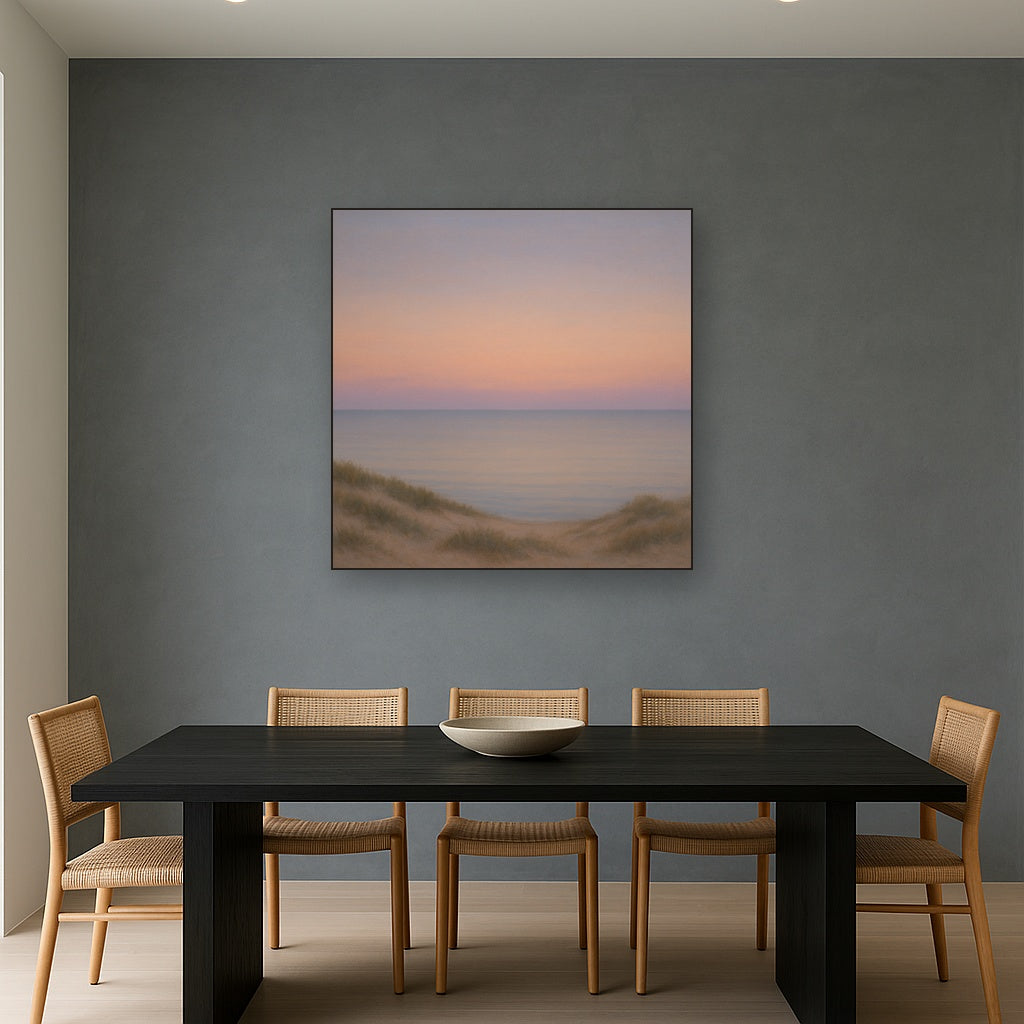 Pastel Dusk Horizon over Calm Atlantic Waters No. 17 Oil Painting Staged Above Dining Room Credenza, Elegant Hand Painted Oil Art for Dining Room Walls