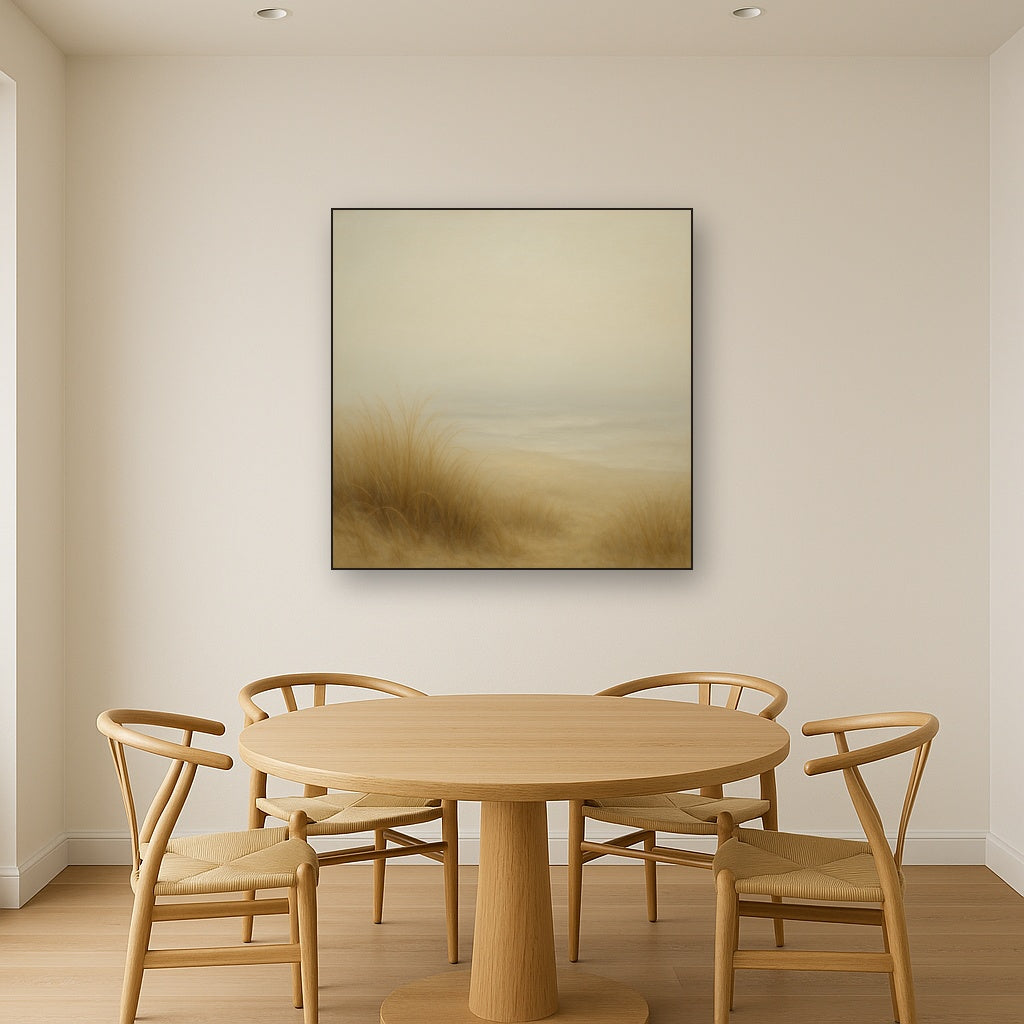 Silent Dune Grass in November Sea Fog No. 13 Oil Painting Staged Above Dining Room Credenza, Elegant Hand Painted Oil Art for Dining Room Walls