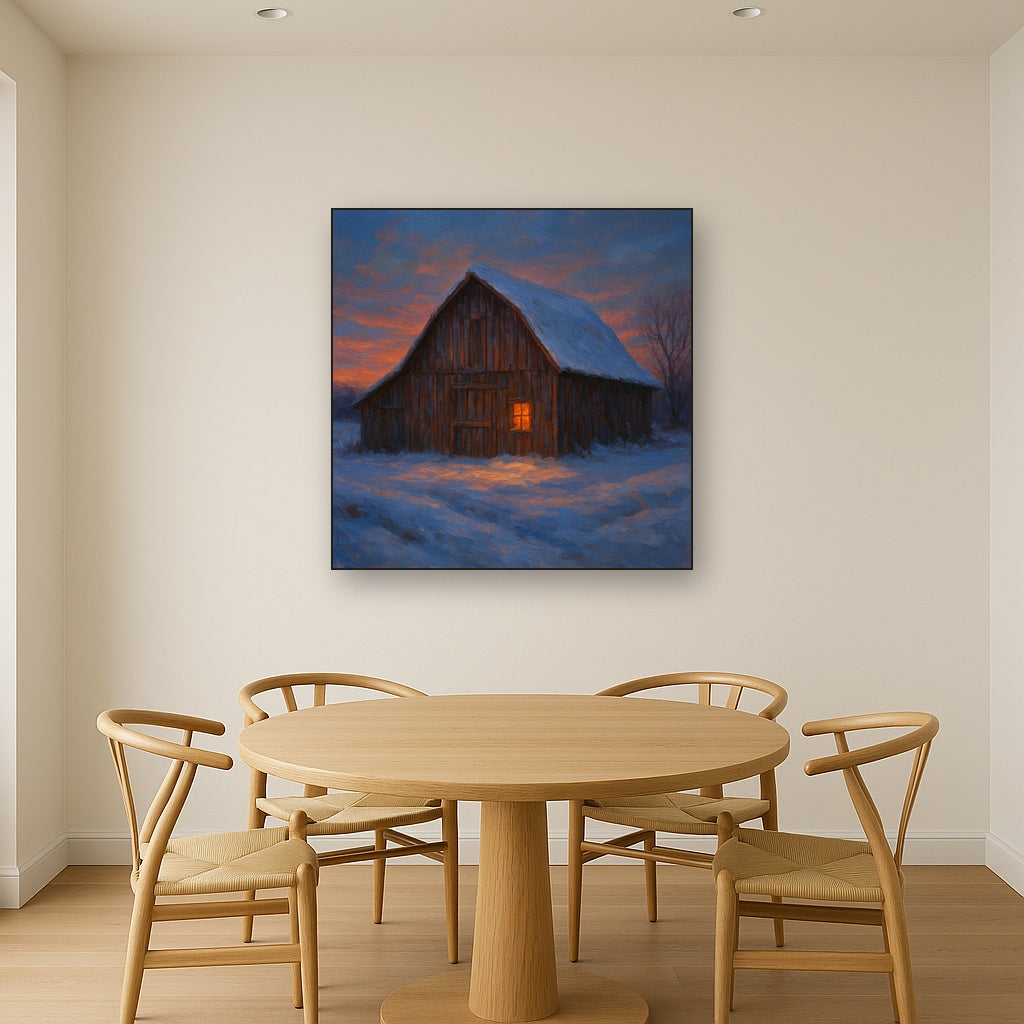 Rustic Wooden Barn in Quiet Winter Twilight Fine Art Oil Painting - View 4