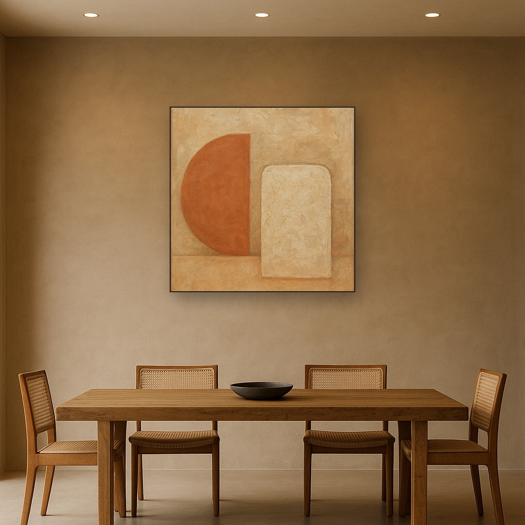 Earthy Terracotta & Weathered Plaster Wash No. 23 Oil Painting Staged Above Dining Room Credenza, Elegant Hand Painted Oil Art for Dining Room Walls
