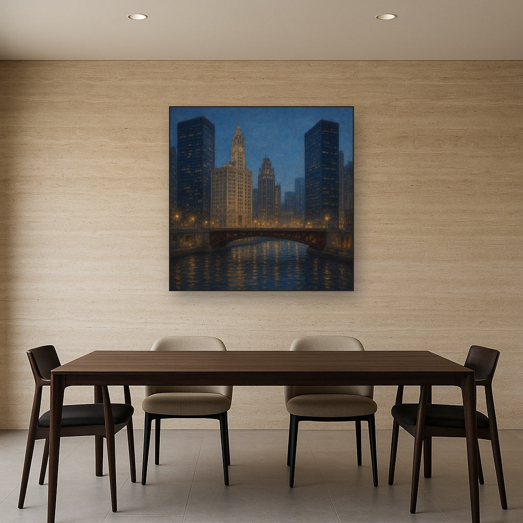 Chicago Riverfront Architecture at Blue Hour No. 19 Oil Painting - View 4