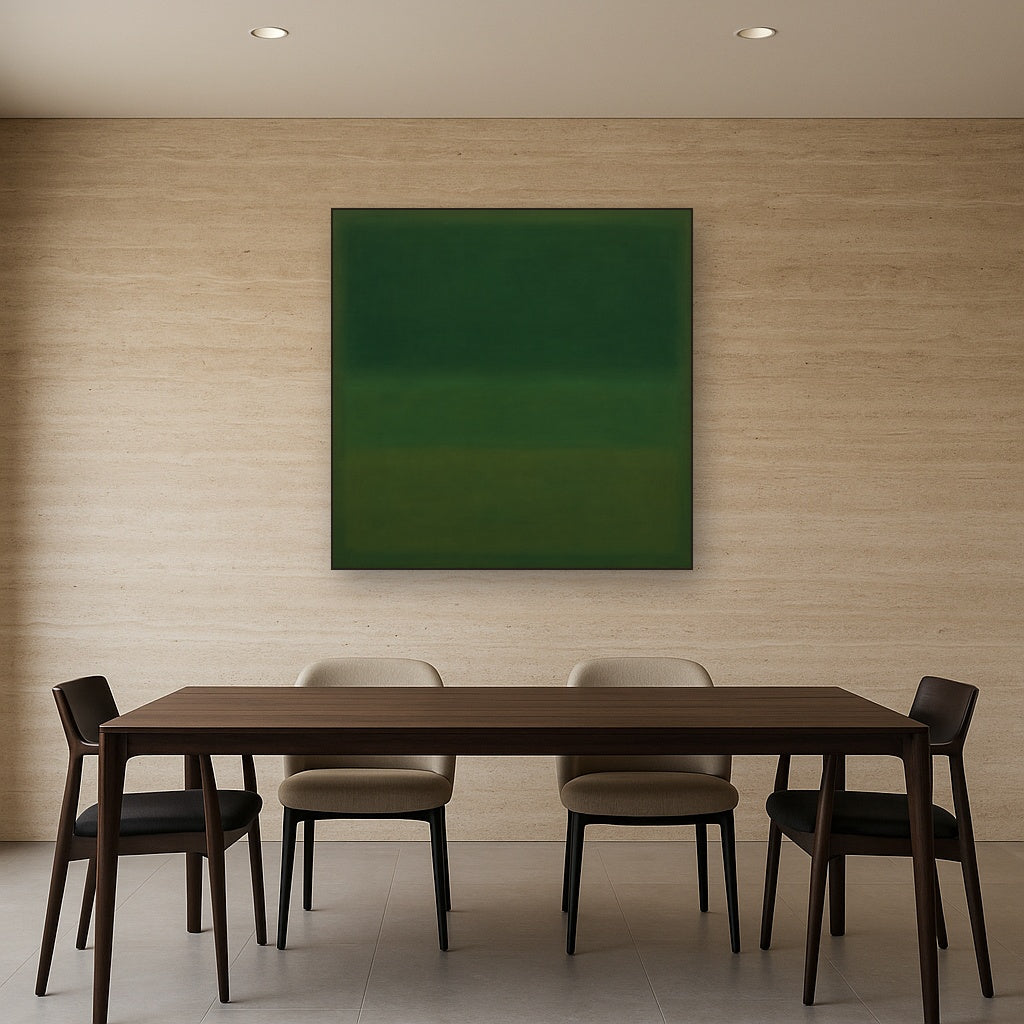 Forest Emerald & Deep Moss Contemplative Field No. 9 Oil Painting Staged Above Dining Room Credenza, Elegant Hand Painted Oil Art for Dining Room Walls